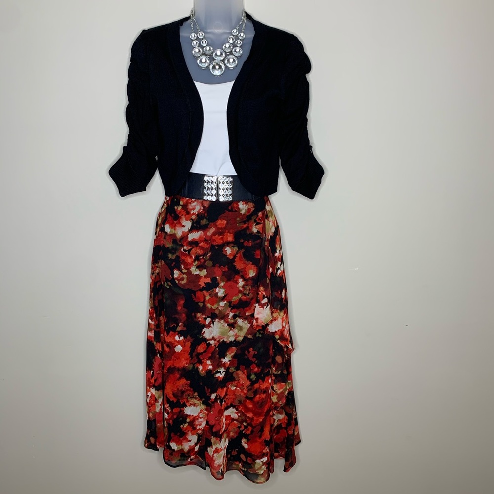Calvin Klein Draped Asymmetrical Floral Print Midi Skirt Red Black NWT Size 4